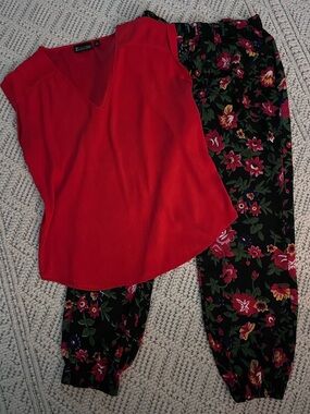 Red V-Neck Blouse with Black Floral Joggers